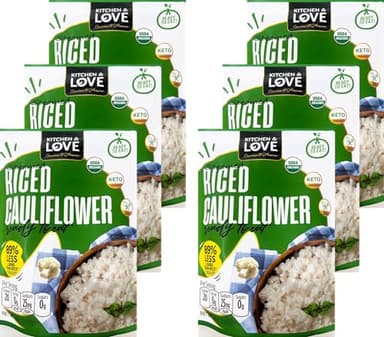 Kitchen & Love Organic Riced Cauliflower 8 oz (6 Pack) | Low Carb, Low Calorie, Healthy Rice Alternative, Vegan, Gluten Free, Ready to Eat & Microwaveable, Dairy Free, Shelf Stable