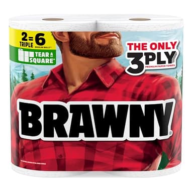 Brawny Tear-A-Square 3-Ply Paper Towels, 2 Triple Rolls = 6 Regular Rolls, Strong, Absorbent, and Durable with 3 Sheet Sizes (Quarter, Half, Full)