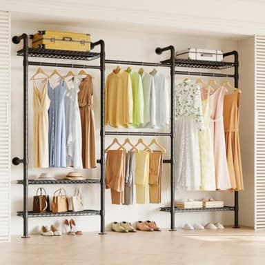 Higeego W3 Industrial Pipe Clothing Rack, Wall Mounted Clothes Rack Closet Wardrobe System with Expandable Hanger Rods Adjustable Storage Shelves, Heavy Duty Corner Walk-in Closet System, Black