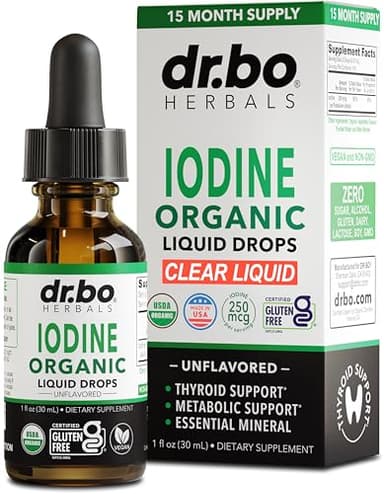 Iodine Liquid Drops Potassium Iodide - 1 Year Supply Pure Clear Organic Iodine Drops Supplement Plus Thyroid Support - Organic Potassium Iodide Liquid Supplement Tincture Thyroid Supplements 1 Fl Oz