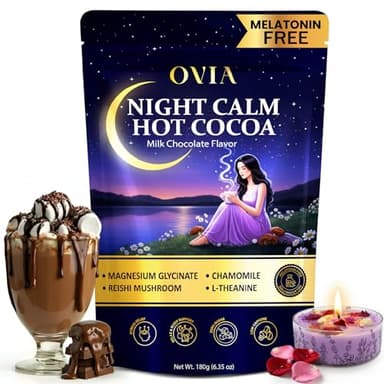OVIA Night Calm – Melatonin-Free Magnesium Mushroom Hot Cocoa for Sleep – Nighttime Hot Chocolate with L-Tryptophan, L-Theanine & Reishi – Relaxation, Stress & Cortisol Support | 30 Servings