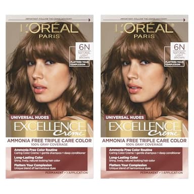 L’Oreal Paris Excellence Universal Nudes Permanent Hair Color, Ammonia Free Hair Dye for Gray Hair Coverage, 6N Natural Light Brown, 1 Kit (Pack of 2)
