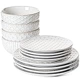 LE TAUCI Dinnerware Sets 12 PCS, Ceramic Plates and Bowls Set, Suit For Housewarming (10" Dinner Plate + 8" Salad Dish + 26 oz Cereal Bowl) x 4, Oven safe - Arctic White