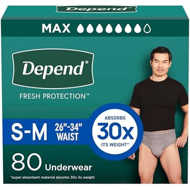 Depend Fresh Protection Adult Diapers, Incontinence Underwear for Men, Disposable, Maximum, Small/Medium, Grey, 80 Count (2 Packs of 40), Packaging May Vary