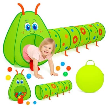 Kiddey Caterpillar Kids Play Tunnel & Tent – Toddler Crawl Tunnel + Play Tent, Pop-Up Indoor/Outdoor Ball Pit Playset (Balls Not Included), Folds Flat for Storage