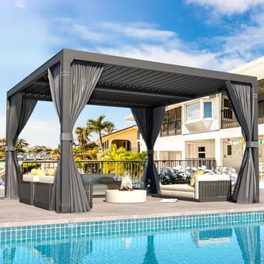 MELLCOM Louvered Pergola - 12x12 Aluminum Pergola with Adjustable Louvered Roof, Waterproof Curtains and Nets, Dark Grey