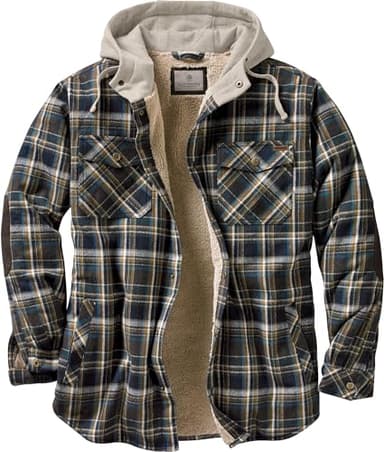 Legendary Whitetails Men's Camp Night Berber Lined Hooded Flannel (Upland Blue and Brown Plaid, Large)
