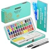 ARTISTRO Watercolor Paint Set, 48 Vivid Colors in Portable Box, Palette set, Including Metallic and Fluorescent Colors. Perfect Travel Watercolor Set for Artists, Amateur Hobbyists and Painting