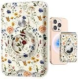 Shorogyt for Magnetic Phone Wallet with AirTag Holder for Women - Cute Card Holder Compatible with MagSafe Magnet for iPhone 16/15/14/13/12 Series Mag Wallets for Apple RFID, Fit 3 Cards, Retro Flower