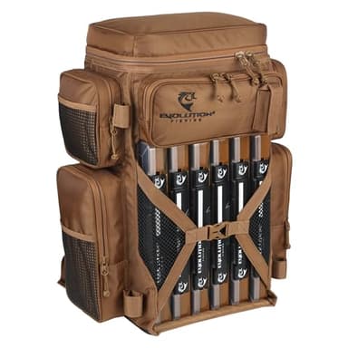 Evolution Fishing Drift Series 3700 Tackle Backpack with QuikLatch System & 2 Rod Holders – Coyote, Heavy Duty Backpack w/ 6 Tackle Trays