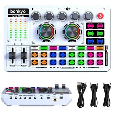 Bonkyo F999 White Live Streaming Sound Card, Professional Audio Mixer, Voice Changer Soundboard with Audio Interface, Bluetooth, Noise Reduction, DJ Mixer Board for Live/Podcasting/Gaming