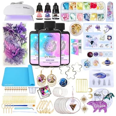JILLSKY UV Resin Kit 300g with Light & Molds, Crystal Clear Fast Cure UV Resin for Jewelry Making, Keychains, Earrings and DIY Crafts with Flowers, Pigments & Tools
