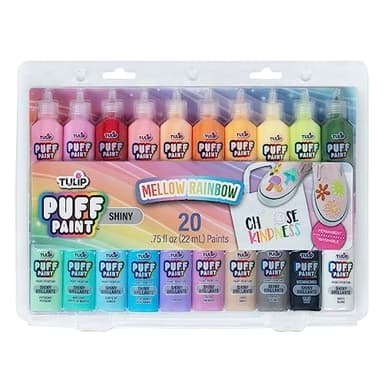 Tulip Puff Paint 20-Color Party Pack, Multi-Surface, Premium Quality, Nontoxic & Waterproof Craft Paint, Permanent on Fabric, Mellow Rainbow
