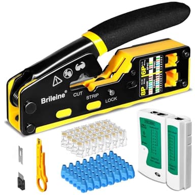 Brileine RJ45 Crimp Tool Pass Through Kit Ethernet Crimper Cat5 Cat5e Cat6 Crimping Tool for RJ11/RJ12 6P/8P with Network Lan Cable Tester, 50PCS Cat6 Connectors, 50PCS Boots, Mini Cable Stripper