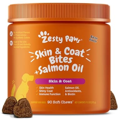 Zesty Paws Salmon Oil for Dogs Skin and Coat, Omega 3 Fish Oil Chews, Dog Allergy Relief Chews, Itch Relief Supplement, 90 Count, Bacon Flavor