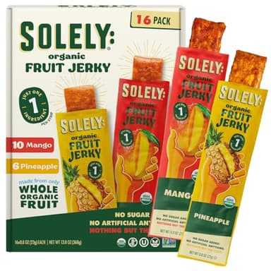 SOLELY - Organic Mango & Organic Pineapple Fruit Jerky (10 Mango, 6 Pineapple) - Real Fresh Fruit Strips - Healthy Snacks for Adults & Kids - Non GMO, Vegan Snacks, Shelf Stable - 12 Strips (0.8 oz)