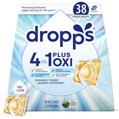 Dropps 4-in-1 Plus Oxi Laundry Detergent Pods, Free & Clear (38 Count) - Unscented Laundry Pods | Odor Defense | Fights Stains | Whitens & Brightens | Clean Ingredients | Plastic Free Packaging
