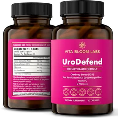 Vita Bloom Labs UroDefend UTI Protection Formula | Cranberry PACs | Physician Formulated | Additive Free + Gluten Free | Cranberry Extract, Pine Bark Extract, D Mannose, Vitamin C | 60 Capsules