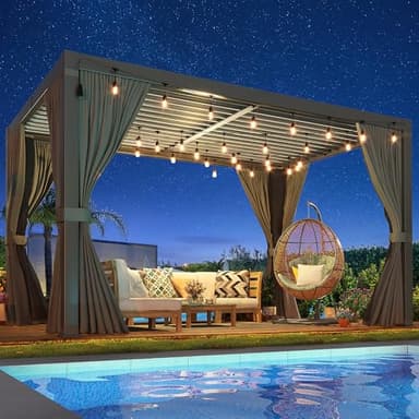 Airwire 10x12 FT Louvered Pergola, Aluminum Outdoor Pergolas with Adjustable Roof, Hardtop Gazebo with Waterproof Curtains & Netting for Deck, Patio, and Backyard