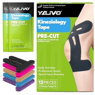 Precut Kinesiology Tape for Knees, 12 Pcs Individual Packeaged - Knee Support & Stability, Pain Relief Athletic Tape - Waterproof & Elastic, Breathable Hypoallergenic Latex-Free Tape (Black)