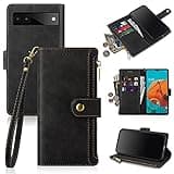 Antsturdy Flip Phone Case for Google Pixel 6a, Wallet Case with Card Holder, RFID Blocking, Zipper, PU Leather, Black