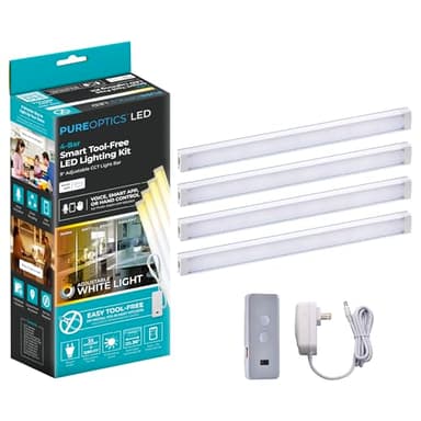 PureOptics LED Works with Alexa Smart LED Under Cabinet Lighting Kit, Motion Sensor, Dimmable, 3 Color Settings, For Kitchen, Cabinets and Closets, (4) 9" Bars, White, A Device