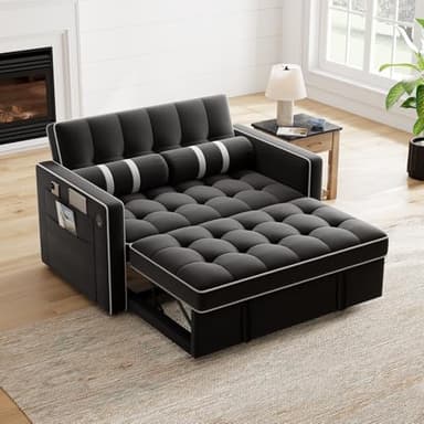 Marsail 3-in-1 Convertible Futon Sleeper Sofa Bed, Pull Out Couch with Adjustable Backrest, USB Charging & Side Pockets, Velvet Fabric Sofa for Living Room, Apartment, Loveseat, Black