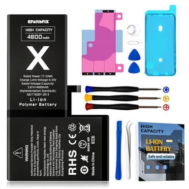EFAITHFIX 4600mAh Upgraded Replacement Battery Compatible with iPhone X, High Capacity New 0 Cycle A+ Battery Replacement for iPhone 10, for Model A1865, A1901, A1902 with Complete Repair Tools Kit