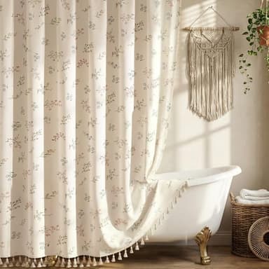 Blgiont Farmhouse Floral Shower Curtain with 12 Clear Rings, Fabric Faux Linen Shower Curtain Set, Vintage Cottagecore Shower Curtain for Bathroom 72" W x 72" L