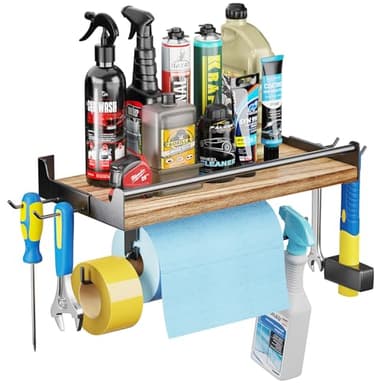 SINGBLA Garage Paper Towel Holder Wall Mount, Wooden Paper Towel Holder with Shelf for Kitchen Garage Quick Clean Station, Garage Organization and Storage with 4 Detachable Hooks