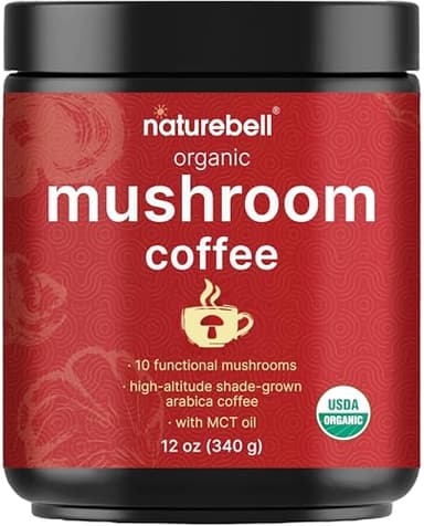 NatureBell Organic Mushroom Coffee with MCT Oil, 12oz (85 Servings) | 10-in-1 Adaptogenic Blend with Lion’s Mane, Reishi, Shiitake, Chaga & More | Instant Mix