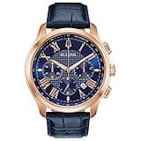 Bulova Men's Wilton 21-Jewel Watch, 60hr Power Reserve, Luminous Hands, Roman Numerals, Domed Sapphire Crystal, 43mm, Blue/Rose Gold