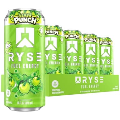 RYSE Fuel Energy Drink - Sour Punch Green Apple - Sugar Free, Gluten Free & Vegan - 200mg Natural Caffeine, Taurine & Choline for Focus & Energy - No Artificial Colors - 16 fl oz Cans (12-Pack)