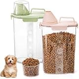 DEAYOU 2 Pack Plastic Cat Dog Food Storage Container, 3 to 5Lbs Airtight Rice Bin with Pour Spout and Measuring Cup, Portable Travel Pet Food Dispenser for Small Animals, Bird Seed, Dry Food, Flour