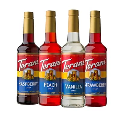 Torani Flavored Drink Syrup Soda Shop Variety Pack, Raspberry, Peach, Vanilla & Strawberry, 25.4 fl oz (Set of 4)