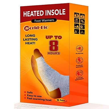 WORLD-BIO Disposable Insole Foot Warmers - Long Lasting Safe Natural Odorless Air Activated Warmers - Provide 8 Plus Hour Heating - 16 Pairs Value Pack
