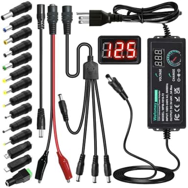 Universal Power Supply 3V~24V 3A 72W Adjustable Variable 3V 5V 9V 12V 18V 20V 24V AC/DC Adapter Charger, 100V-240V AC to DC Converter with 14 Tips, Polarity Converter and 4-Way Power Splitter Cable