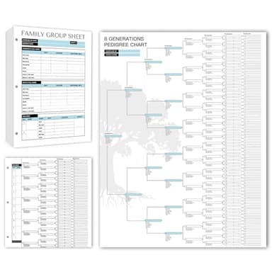 16 Family Tree Charts to Fill In, with 50 Family Group Sheets 8th Generation Genealogy Worksheets Family Tree Diagrams Genealogy Supplies for Ancestry and Family History Organizer, Blue-White