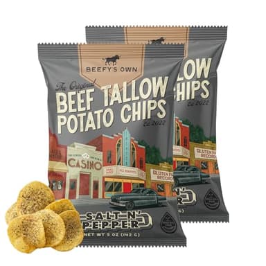 Beefy’s Own Beef Tallow Potato Chips - Kettle Chips Made Without Seed Oils, Gluten Free, Crispy, and Thick Cut - Old-Fashioned Small Batch Fried in Beef Tallow, Salt and Pepper (5 Oz, Pack of 2)