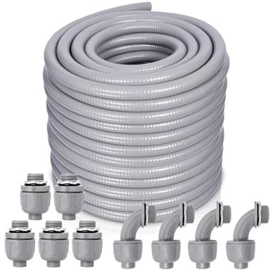 Feotech 1 Inch 100 FT Non Metallic Liquid-Tight Conduit and Connector Kit - Includes 5 Straight and 4 Angle Fittings for Electrical Wiring