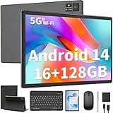 Android Tablet with Keyboard, 10 inch Android 14 Tablet, 16GB RAM 128GB ROM,1TB Expand, 5G WiFi, Bluetooth, 8000mAh Battery, GMS Certified, 2 in 1 Tablet with Keyboard, Mouse, Case, Stylus(Black)