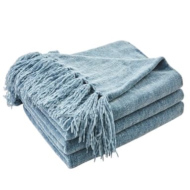 CozeCube Chenille Throw Blanket for Couch, Cozy Plush Fuzzy Decorative Dusty Blue Blanket with Fringe Tassels, Lightweight Throws for Bed Sofa Gift Home Decor, 50"X60"