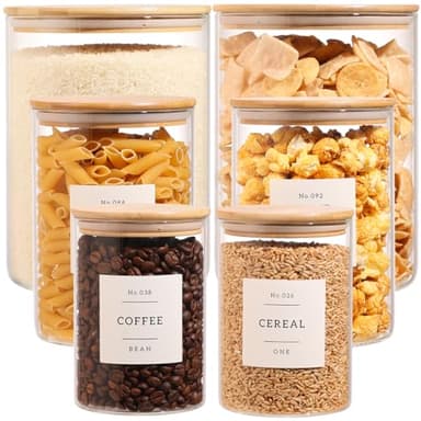 6-Pack Borosilicate Glass Storage Jars with Bamboo Lids + 132 Pre-Printed Pantry Labels Included, BPA-Free Thicken Airtight Containers for Flour, Sugar, Rice, Microwave & Freezer Safe(100OZ/54OZ/27OZ)