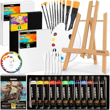 VISWIN 51 Pcs Acrylic Paint Set with Tabletop Easel, Painting Kit with 12 Acrylic Paints, Canvases, Brushes, Palette, Paper Pad, Art Supplies, Ideal Gift for Adults, Kids, Artists, Students