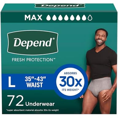 Depend Fresh Protection Adult Diapers, Incontinence Underwear for Men, Disposable, Maximum, Large, Grey, 72 Count (2 Packs of 36), Packaging May Vary