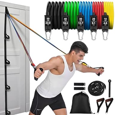 Resistance Bands Set with Door Anchor Training System, 5 Colors Stackable up to 150LBS, Includes 5-Angle Door Training Tool, Home Full Body Workout Bands, Handles, Ankle Straps, Portable Bag