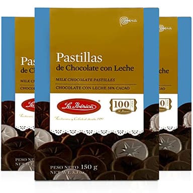 La Iberica Pastillas de Chocolate con Leche 38% Cacao Peruano 5.3 oz | Milk Chocolate 38% Peruvian Cocoa Pastilles 3 Pack