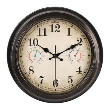12 Inch Outdoor Clock with Thermometer and Hygrometer Combo, Waterproof Indoor Outdoor Wall Clocks for Patio, Pool,Garden Decor- Retro Bronze
