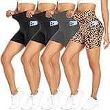 FULLSOFT 4 Pack Biker Shorts for Women – 5" High Waist Tummy Control Workout Yoga Running Compression Exercise Shorts with Pockets(4 Pack Black/Black/Grey/Leopard,Large-X-Large)