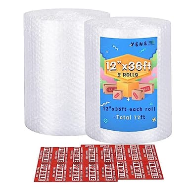 Yens Nylon Bubble Cushioning Rolls 72 ft 12 Inch width Packing Materials 3/16" AIR Bubble Perforated every 12" wrap 20 bonus Fragile Stickers